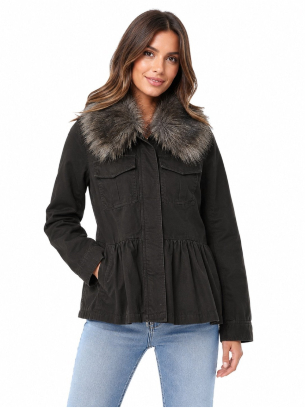Kate Spade Wool Blend Faux Fur Trim Military Jacket Coat Full Zip